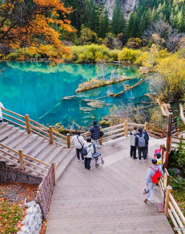 Tourists visit Jiuzhaigou Valley National Park, Sichuan, China, on October 21, 2023, enjoying autumn foliage and clear turquoise lakes along wooden walkways.