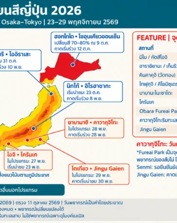 พยากรณ์ใบไม้เปลี่ยนสีญี่ปุ่น 2026 เทียบเส้นทางเที่ยว Osaka–Tokyo วันที่ 23–29 พฤศจิกายน
