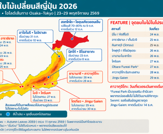 พยากรณ์ใบไม้เปลี่ยนสีญี่ปุ่น 2026 เทียบเส้นทางเที่ยว Osaka–Tokyo วันที่ 23–29 พฤศจิกายน